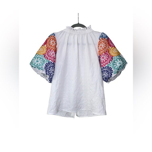 HTML  top white balloon/ puff short Sleeve with Embroidery size S boho chic - Picture 5 of 8